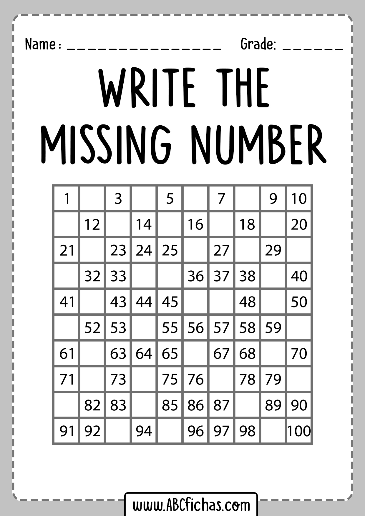 Printable Missing Numbers Worksheets