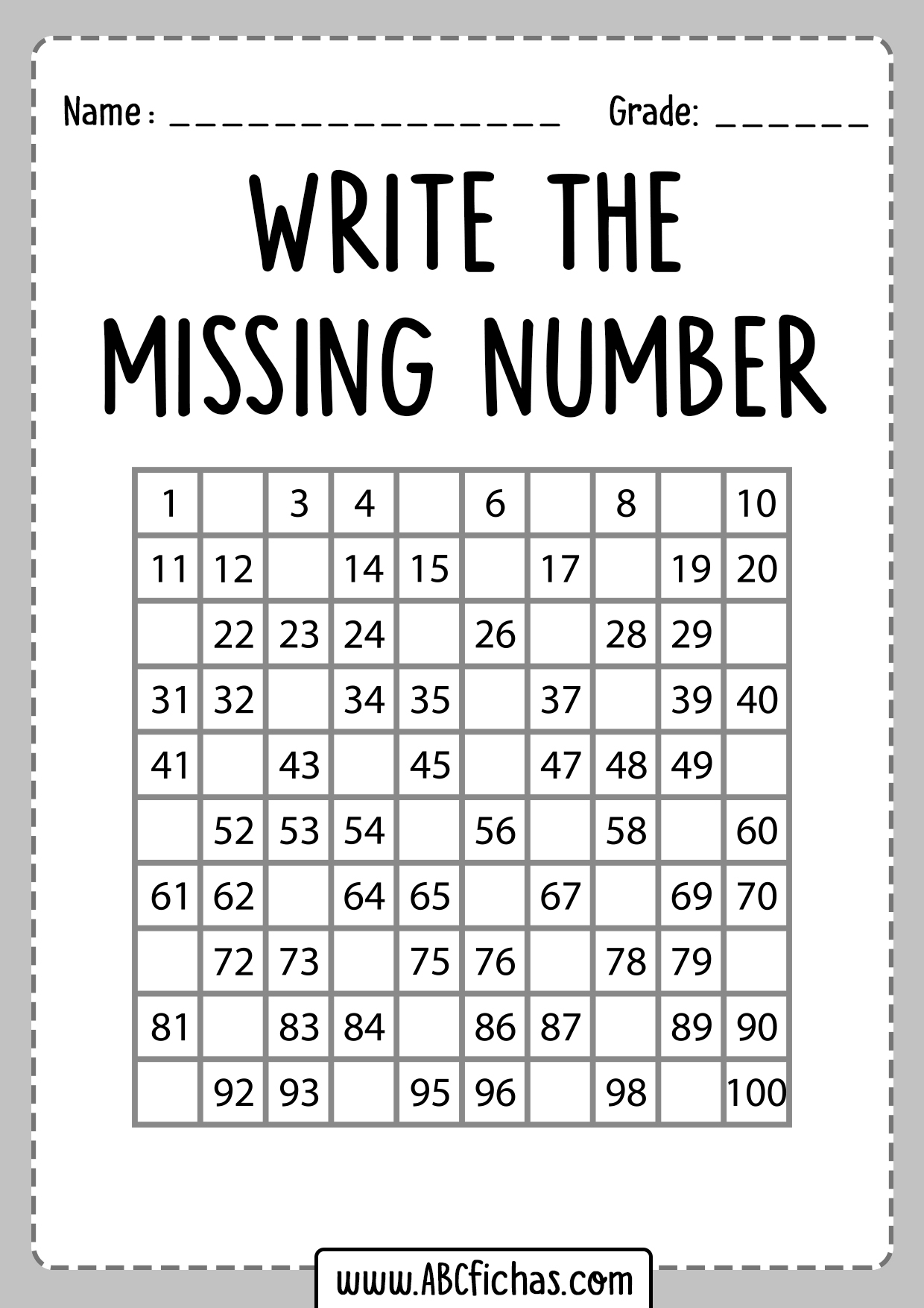 Printable Missing Numbers Worksheets