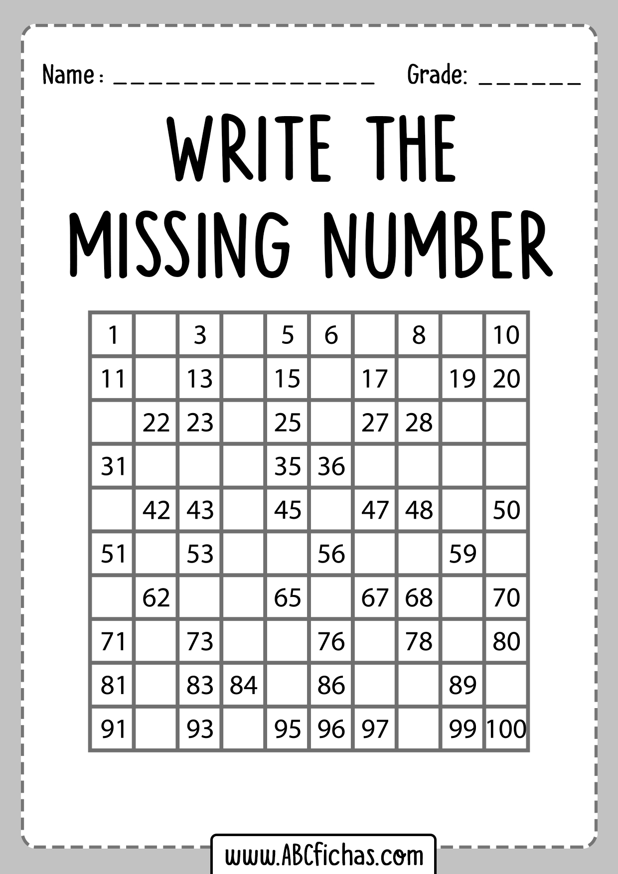 Write The Missing Numbers Worksheet
