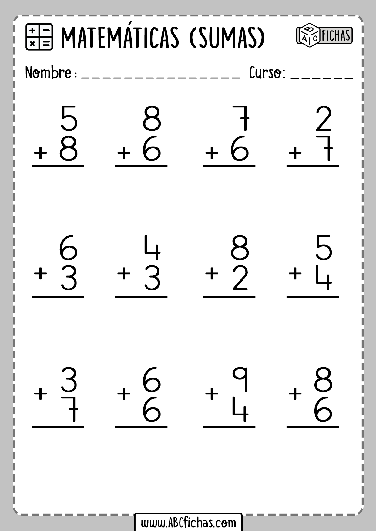 Fichas de Sumas de 2 digitos matematicas