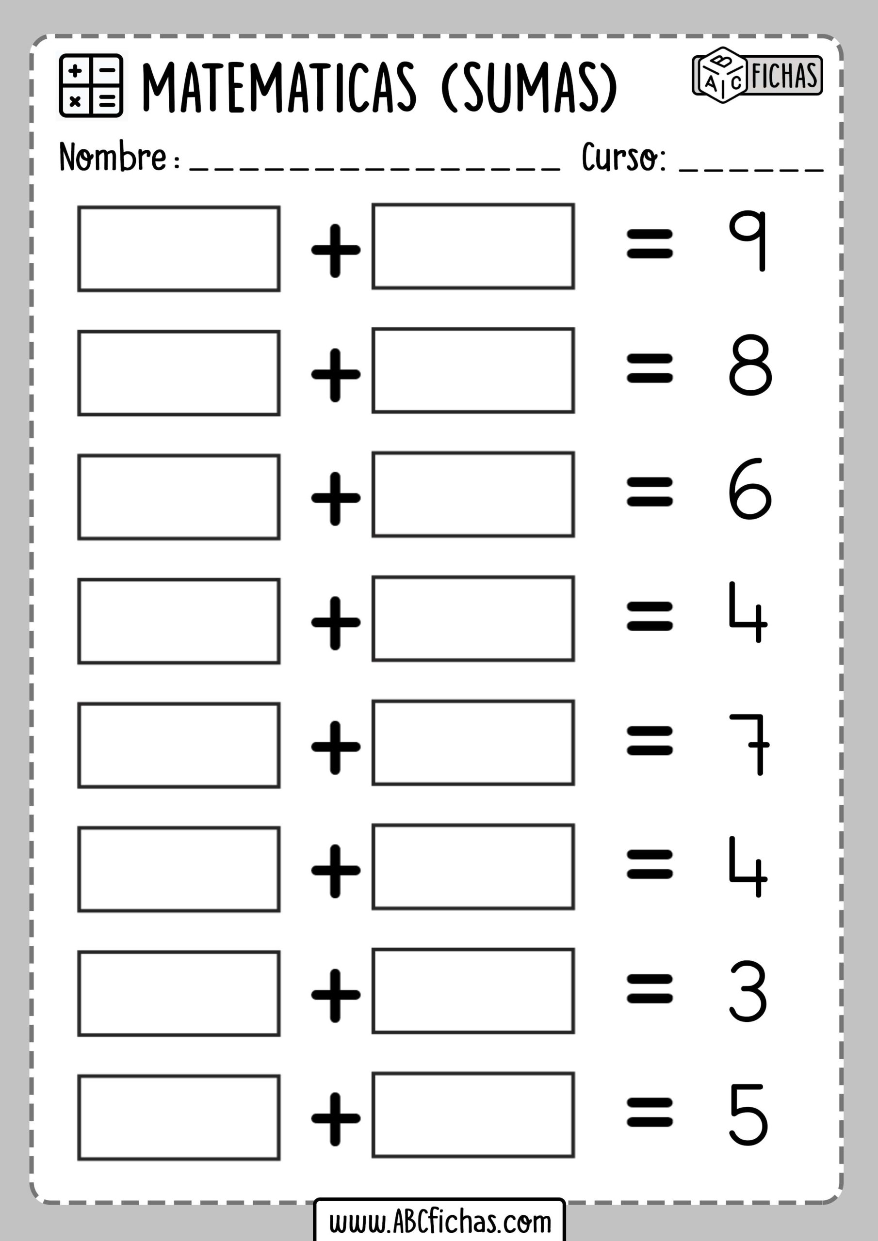 Fichas de Sumas Adivinar Sumandos