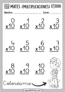 Operaciones de Multiplicaciones Tabla del 10