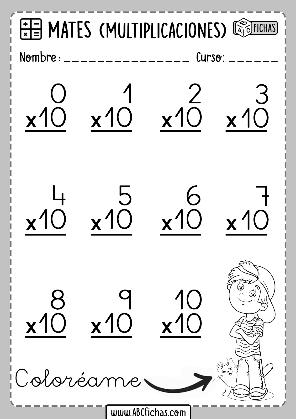 Operaciones de Multiplicaciones Tabla del 10