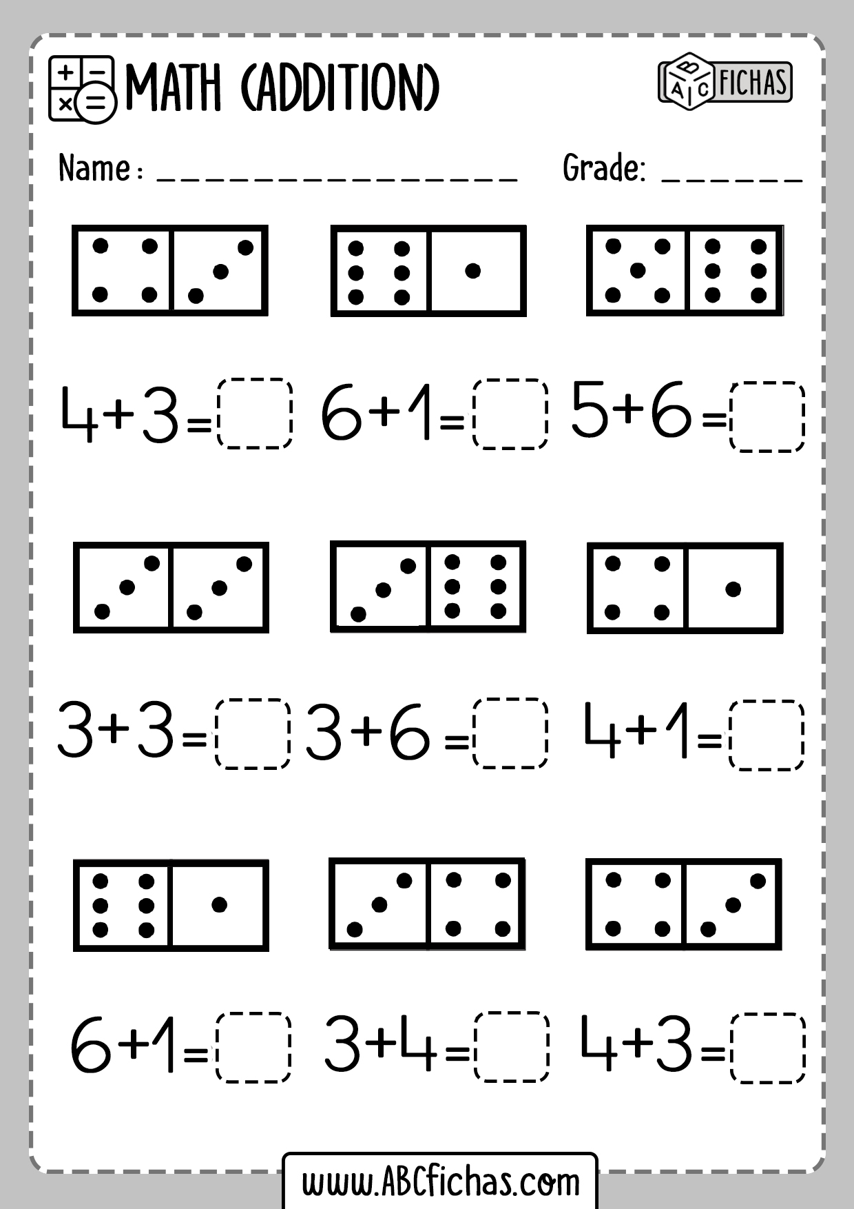Kindergarten math worksheet dominio addition