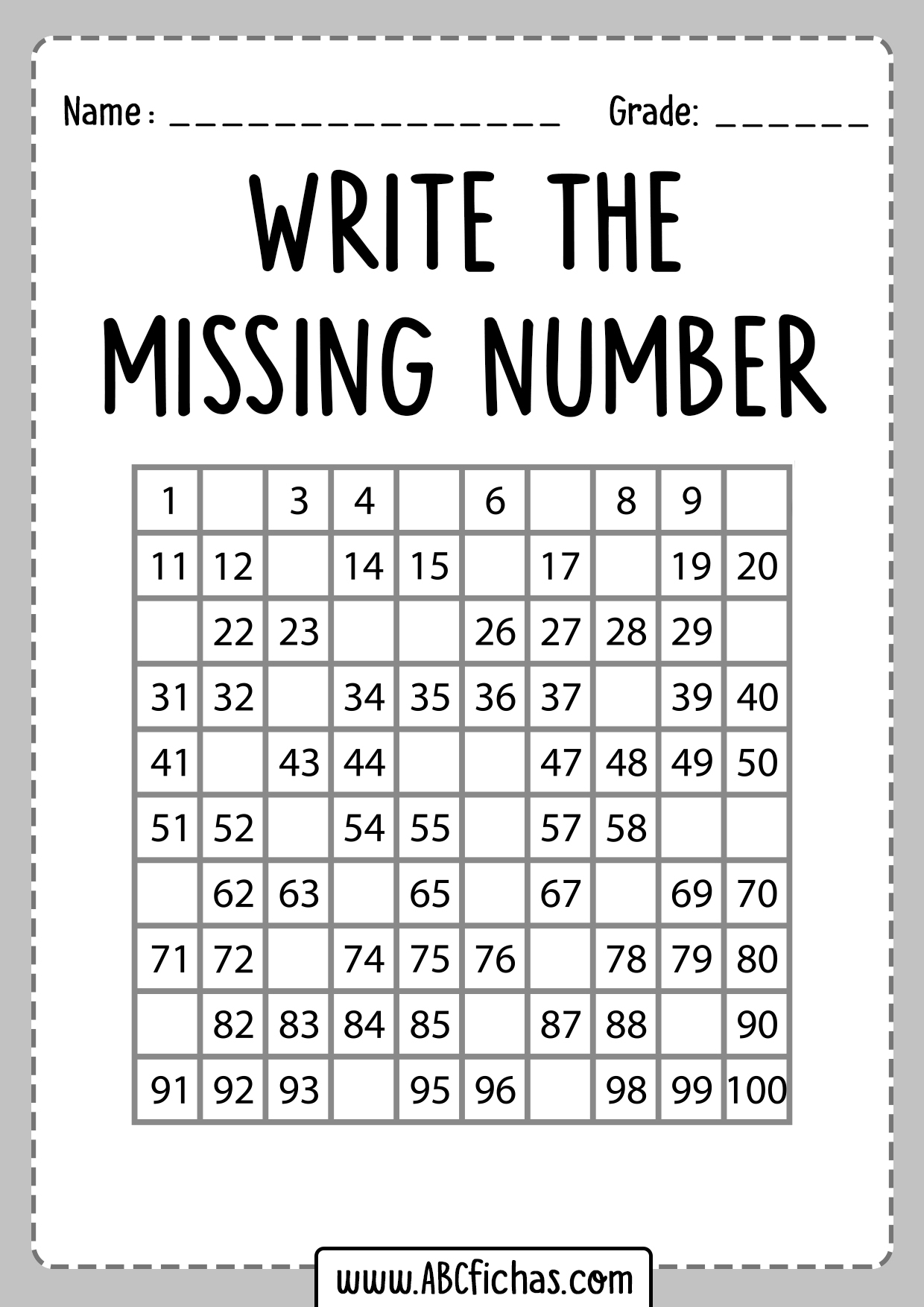 Write the missing number worksheet