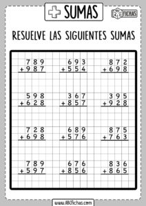 Fichas de sumas de 3 digitos