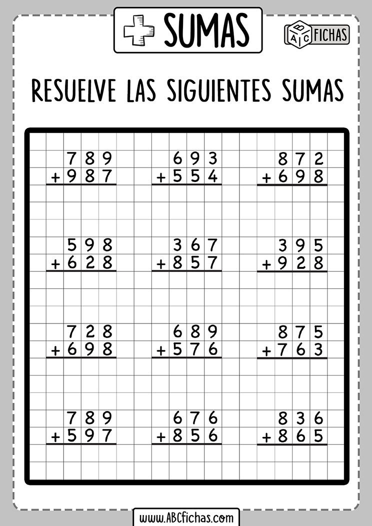 Fichas de sumas de 3 digitos