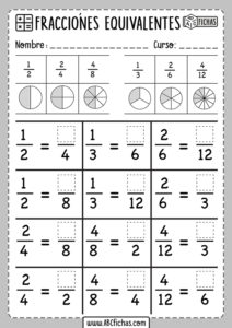 Ejercicios de fracciones equivalentes para imprimir