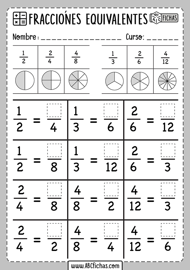 Ejercicios de fracciones equivalentes para imprimir