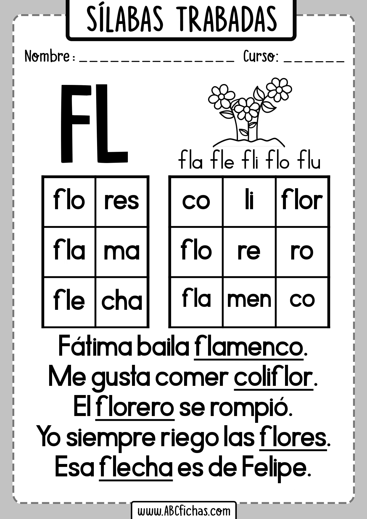 Fichas silabas trabadas fl - fla fle fli flo flu