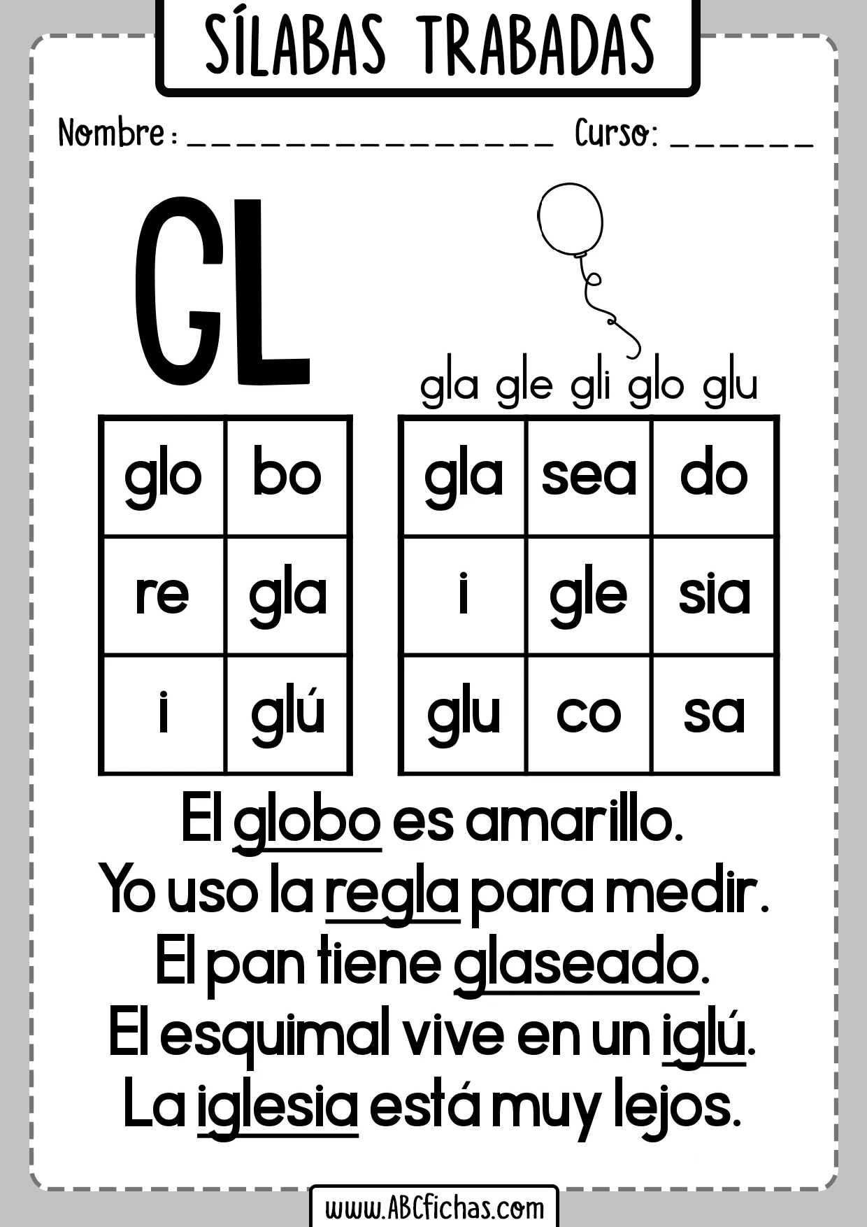 Fichas silabas trabadas gl - gla gle gli glo glu