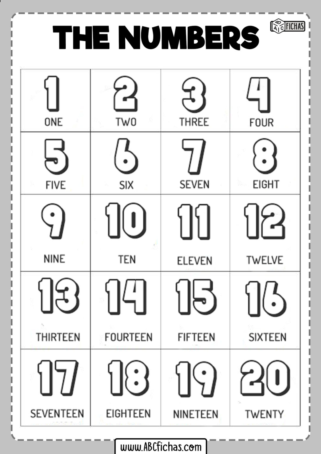 Numeros en ingles del 1 al 20 abc fichas