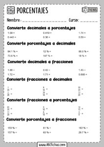 Ejercicios de fracciones porcentajes y decimales para resolver