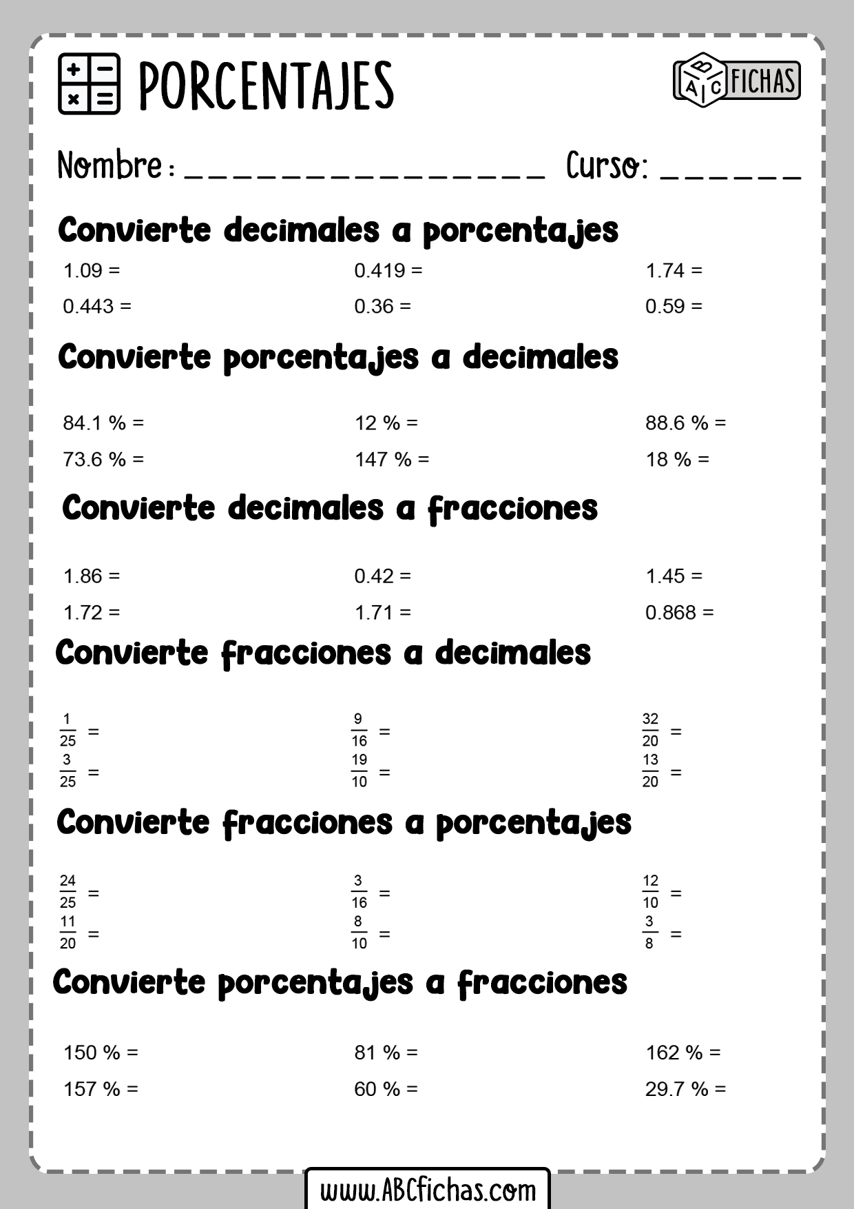 Ejercicios de fracciones porcentajes y decimales para resolver