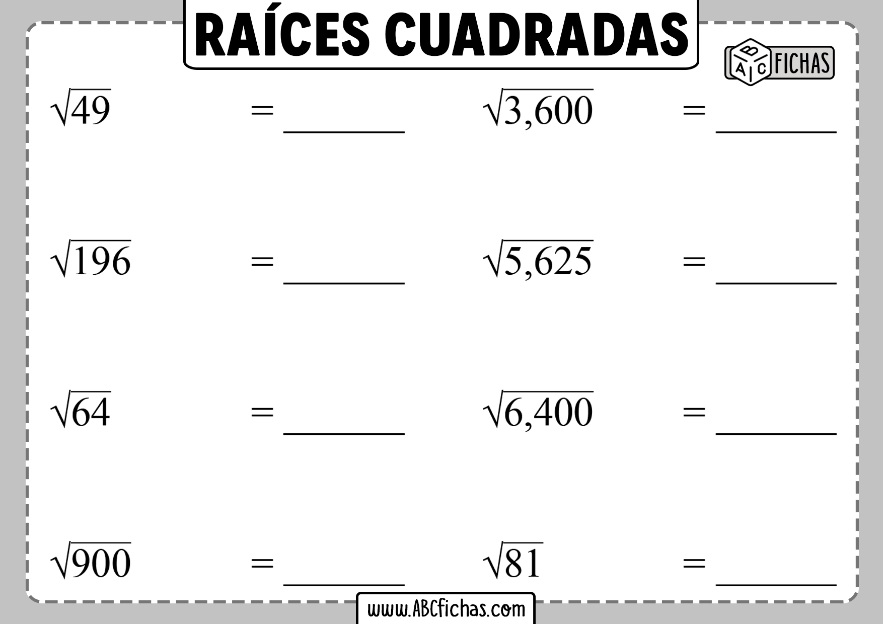 Fichas raices cuadradas ejercicios