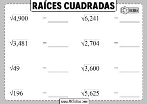 Fichas con raices cuadradas para imprimir