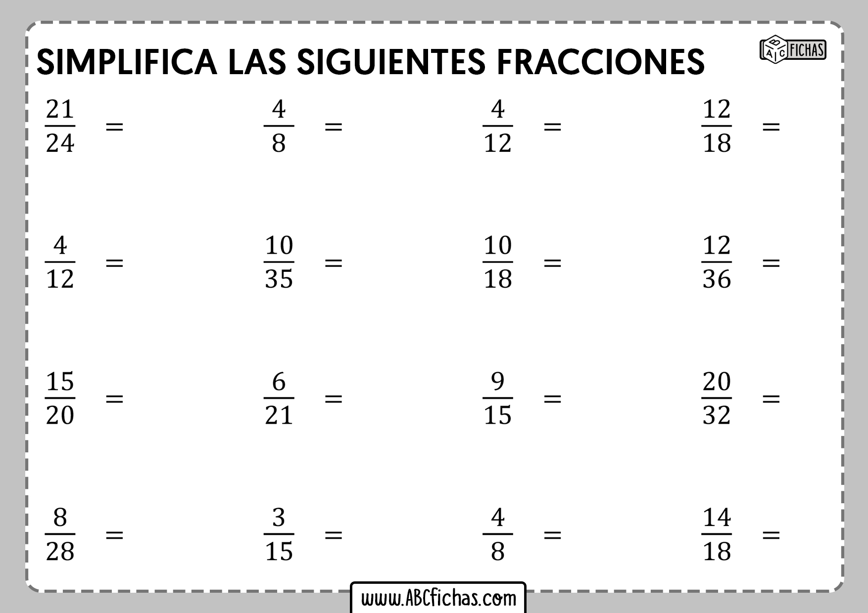 Fichas de ejercicios con fracciones simplificacion