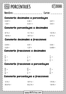 Fichas de ejercicios de porcentajes y calculos