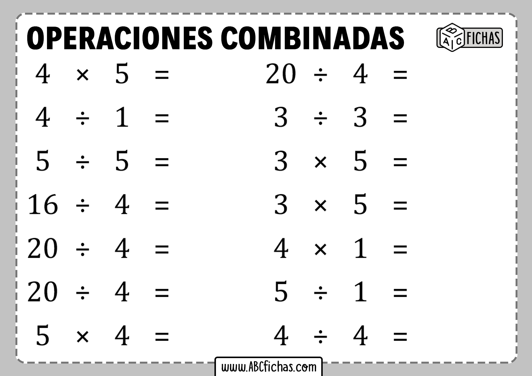 Fichas de operaciones combinadas para imprimir