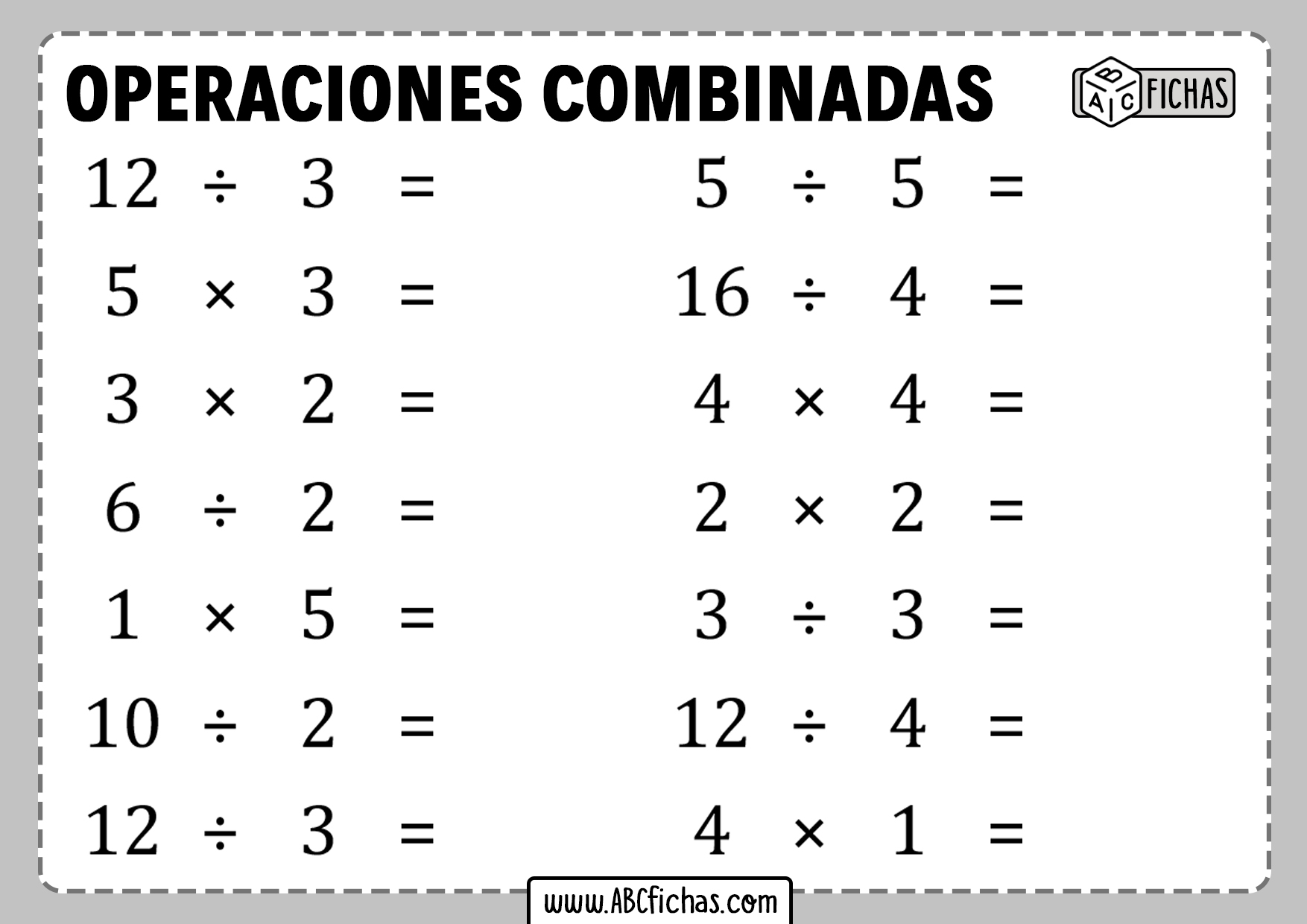 Fichas de operaciones combinadas para primaria