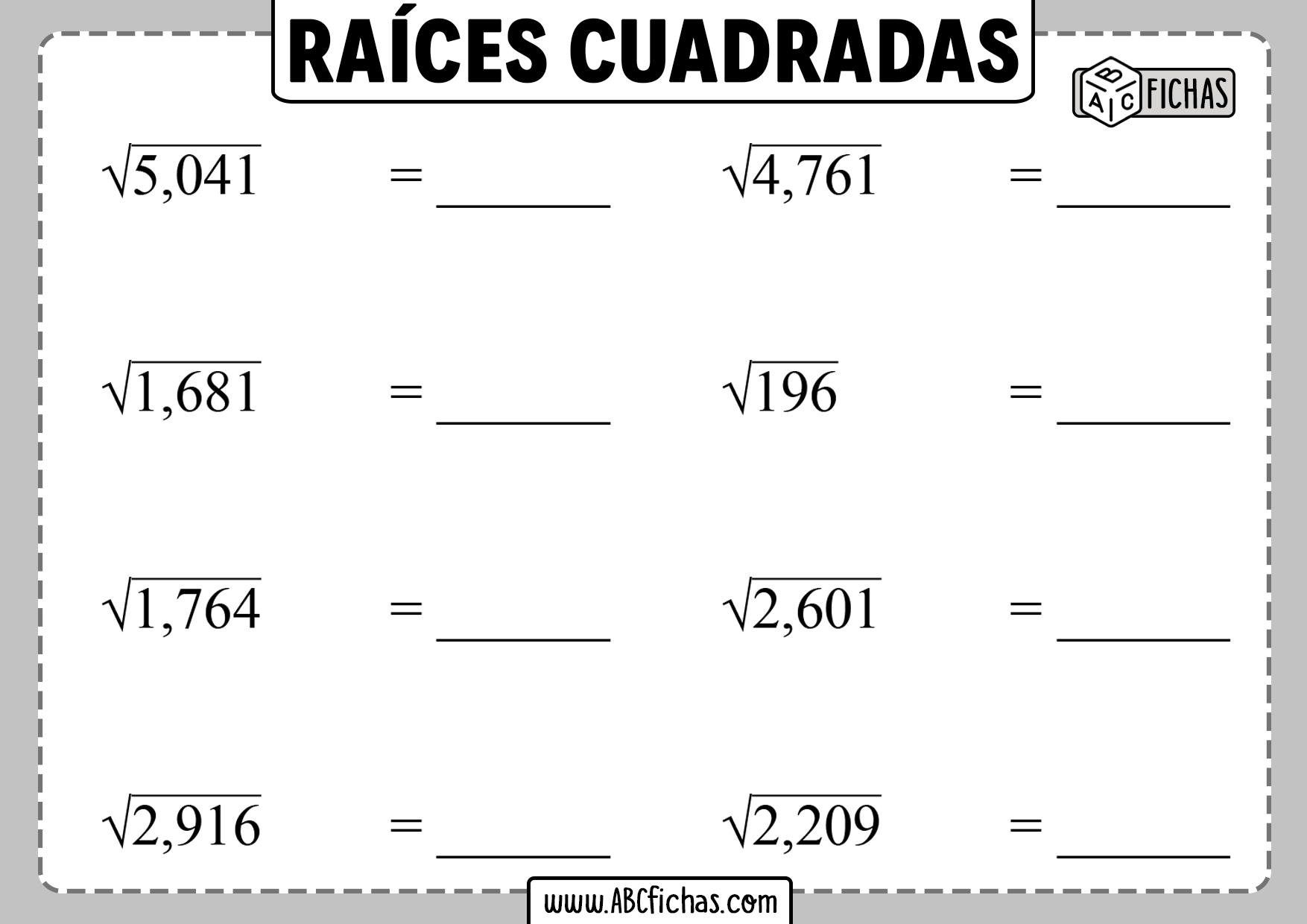 Fichas de raices cuadradas para imprimir