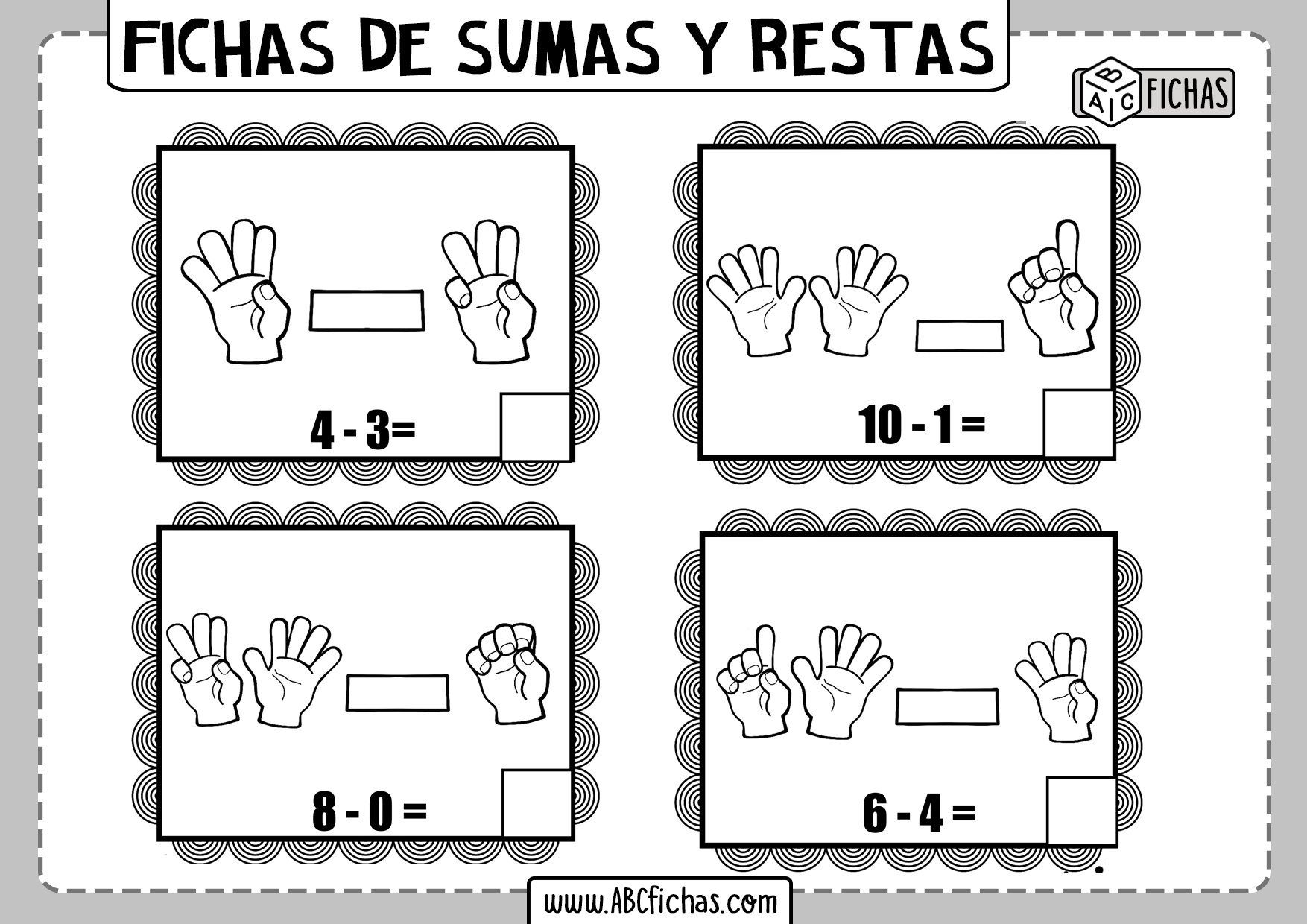 Fichas de sumas y restas con dedos