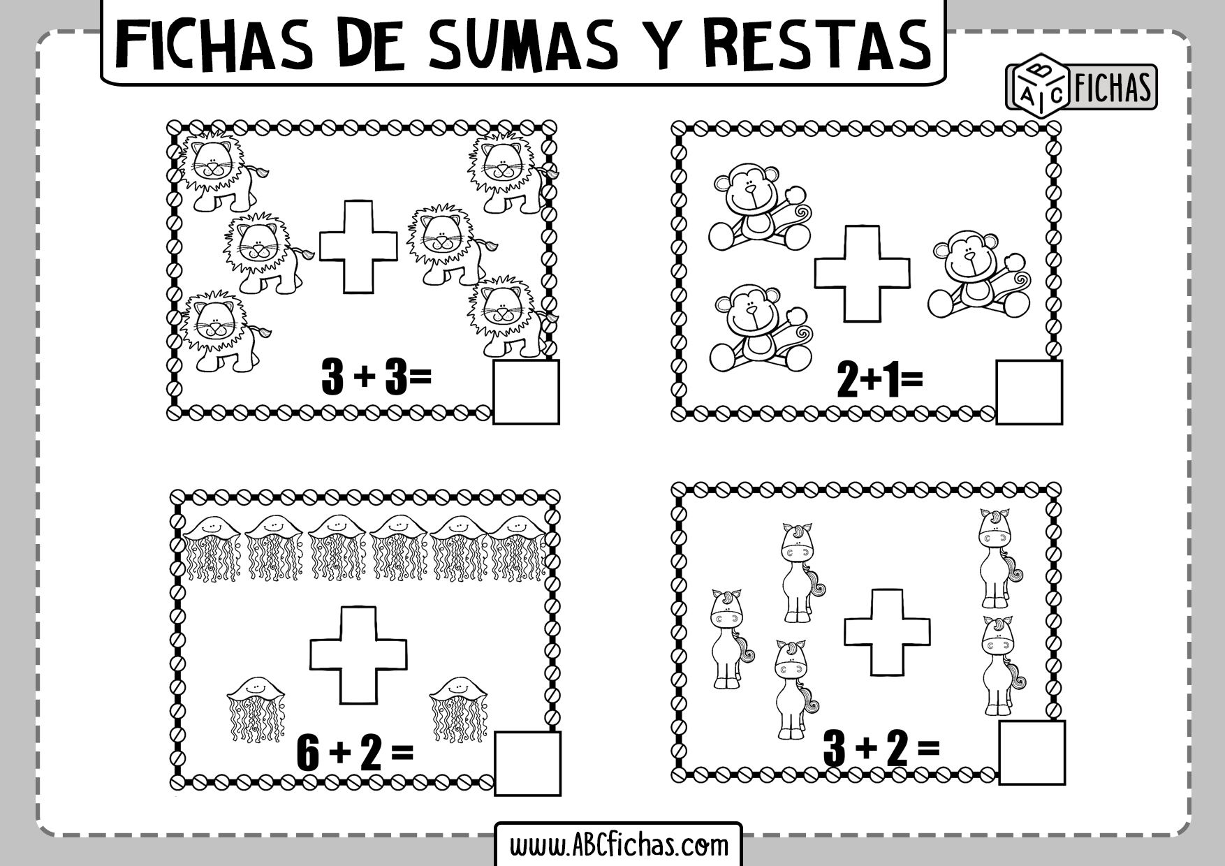 Fichas de sumas y restas con dibujos de animales