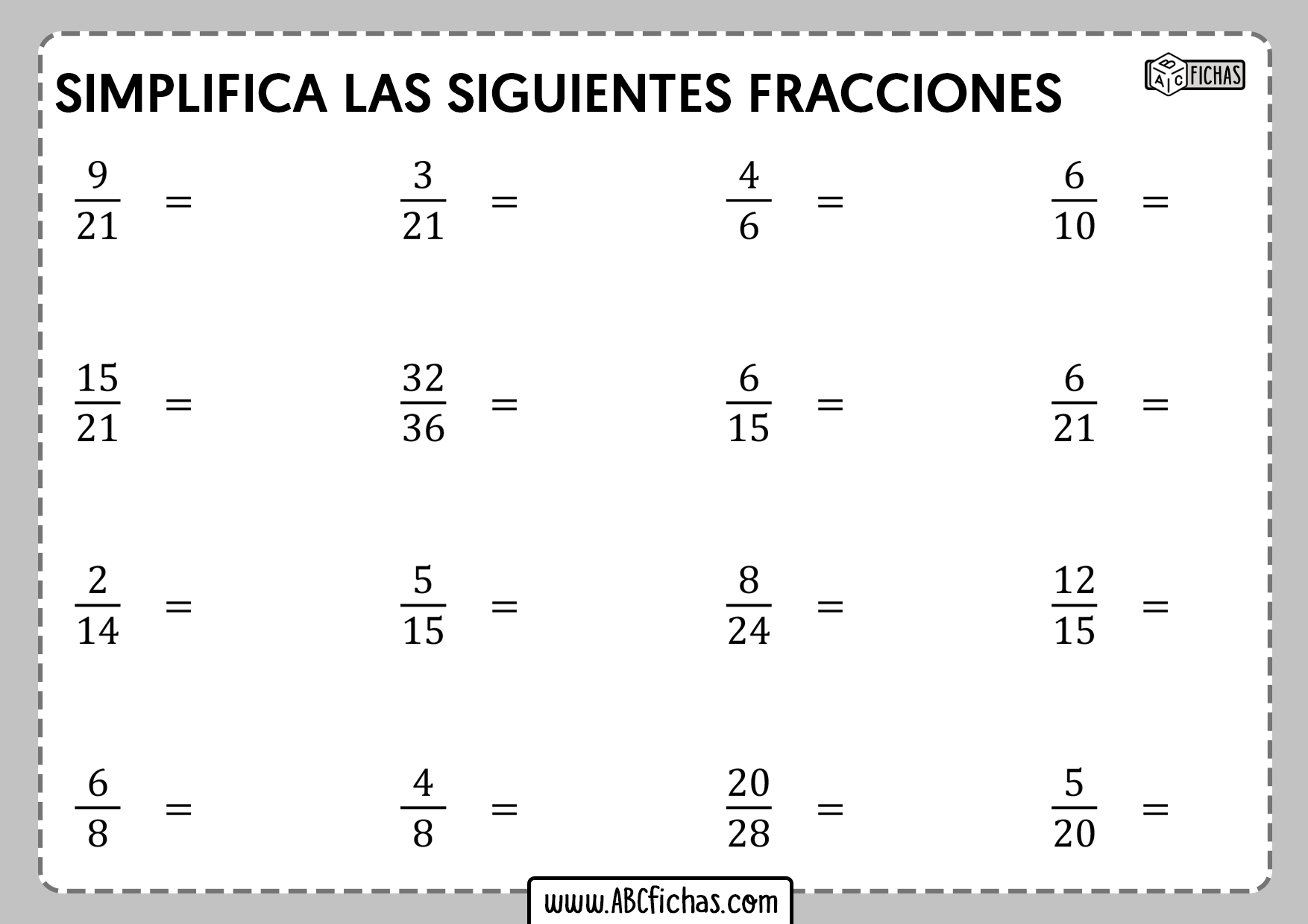 Fichs de ejercicios de simplificar fracciones