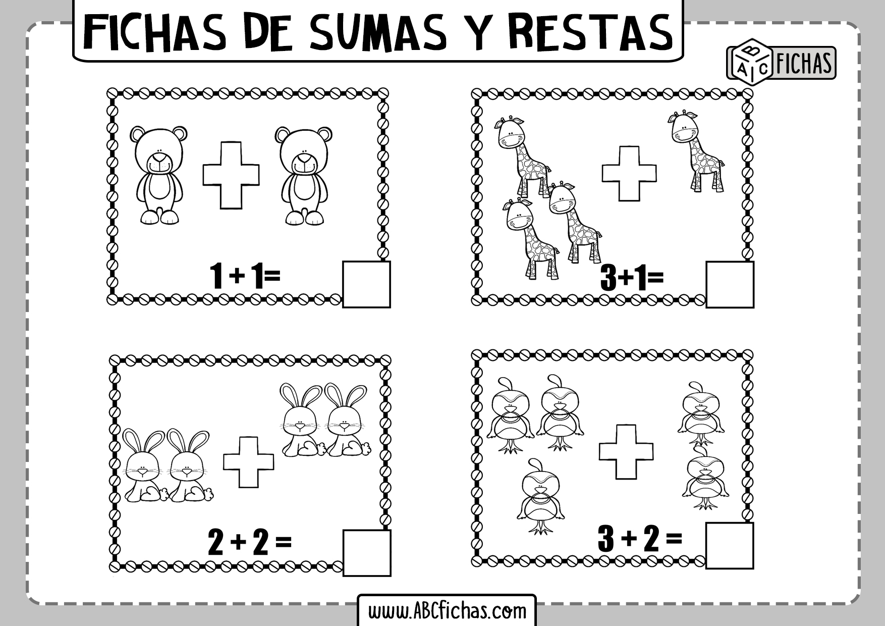 Fichs de sumar y restar con dibujos de animales