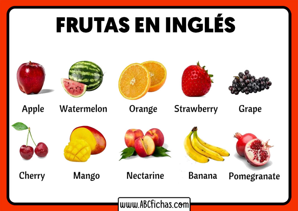 Frutas en ingles con dibujos para niños ABC Fichas