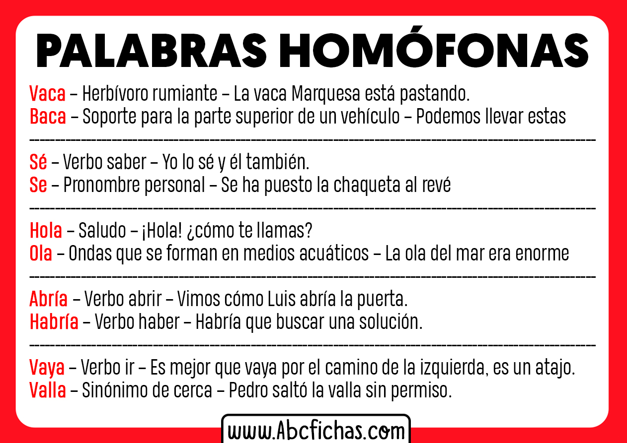 Palabras homofonas y ejemplos